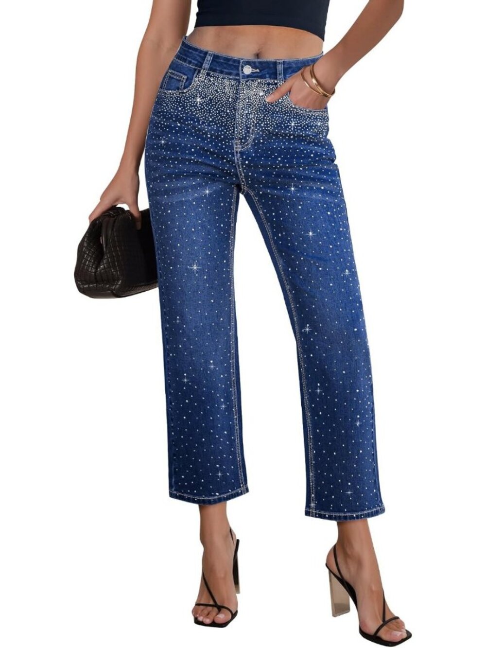 High Waisted Cropped Jeans for Women | Embellished Rhinestone Sparkly Night Out